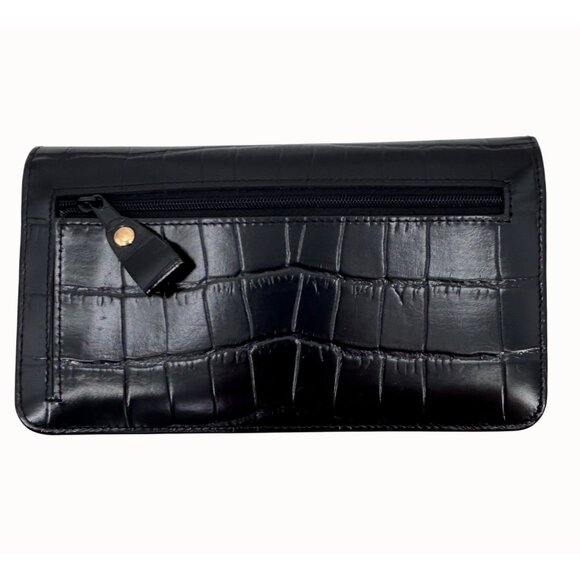 NWOT Etienne Aigner Black Croc-Embossed Leather Foldover Wallet - Picture 2 of 7